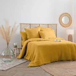 Bon marché 🤩 Housse De Couette Lin Adorable 240x220cm Jaune Ocre 🔔