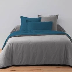 Grosses soldes 👏 No Name Housse De Couette 260x240 Bicolore Gris Canard + 2 Taies Coton 57 Fils 🌟