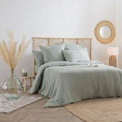 Meilleure vente ⌛ Housse De Couette Lin Adorable 260x240cm Vert Céladon 🤩