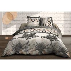 Budget 😍 Le Linge De Jules Housse De Couette 220x240 + 2 Taies - Pur Coton 57 Fils - Palmier ✔️