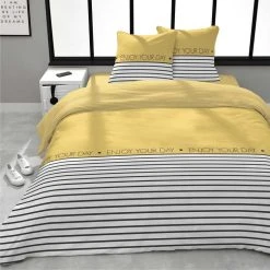 Bon marché ❤️ Parure Housse De Couette En Coton 57 Fils Motif Rayure ENJOY 🔔