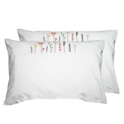 Remise ✨ Sensei Maison Lot De 2 Taies D'oreiller Brodées En Percale De Coton FLORIALES 🥰