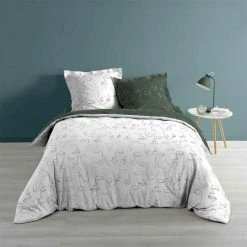 Meilleur prix 👍 Paris Prix Parure De Lit 3 Pièces Arty Line 240x220cm Kaki & Blanc 🎉