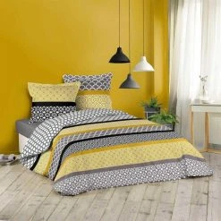 Nouveau 🤩 Paris Prix Parure De Lit 3 Pièces Karta 260x240cm Jaune & Gris 👍